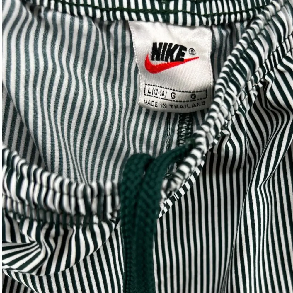 Vintage Nike Green Pinstripe Swim Shorts Logo Patch 90s Y2K L 12/14